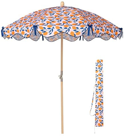 LAGarden Our Beach Umbrella for Sand 6ft Portable Tilt Beech Wood Pole Garden Parasol with Printed Lemon Tree PA Canopy Ribbon Bow Carry Bag for Outdoor Small Patio Balcony Yard Beach Lawn Craft Booth