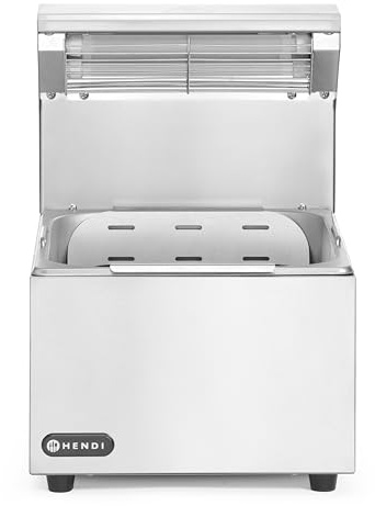 HENDI Pommes-frites-Wärmer, mit abnehmbarer GN-Behälter und Tropfschale, zum Warmhalten von Pommes frites, Infrarotlampe, Wärmebrücke, Speisenwärmer, GN1/2, 230V/400W, 357x267x(H)376mm, Edelstahl
