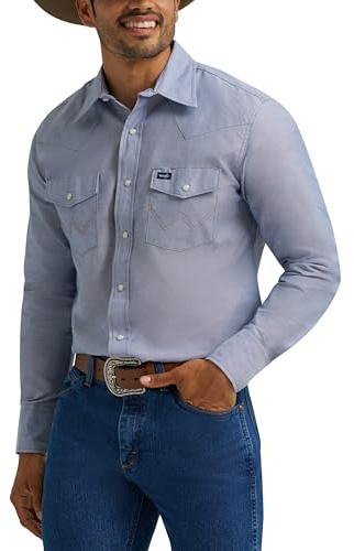 Wrangler Men's Cowboy Cut Long Sleeve Western Snap Solid Work Shirt, Light Chambray, X-Large