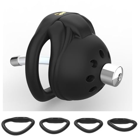Male Mini Chastity Cage with Urethral Plug and 4 Sizes Rings, Lightweight Penis Device for Men -DEHA19 (Black, Curved Ring)