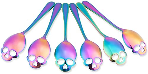 HirrWill Totenkopf-Löffel, Totenkopf-Zuckerlöffel, Totenkopf-Edelstahl-Teelöffel, Kaffee- und Tee-Rührlöffel, 6 Regenbogen-Löffel, 18/10 Edelstahl, cool