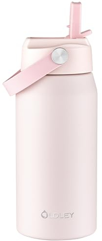 OLDLEY 550ml Insulated Water Bottle with Straw, Stainless Steel Water Bottles with Handle for School, Travel, Leakproof BPA Free Metal Vacuum Small Flask Keep Hot and Cold for Kids, Adult (Pink)