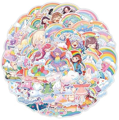 HUVZOR 50 Stück Regenbogen Mädchen Sticker,Cartoon Scrapbook Stickers,Wasserdichte Vinyl Bunte Dekorationsaufkleber für Wasserflaschen Skateboards Laptops Gitarren Tassen