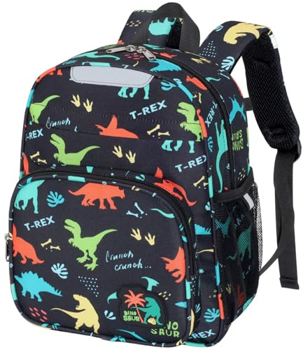 Bagseri Kindergartenrucksack Jungen 3-5 Jahre - 10L Kita Rucksack | Isolierfach, Kinderrucksack mit Brustgurt, Reflektoren, Perfekt für den Kita-Alltag, Ausflug, Schwarzer Dinosaurier
