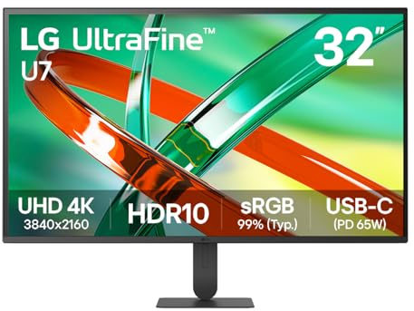 LG UltraFine™ U7 32U720B-B 32 inch UHD 4K Monitor for Hybrid Work & Creative Productivity | HDR10, sRGB 99%, HDMI, DP, USB‑C 65W, LG Switch, 3‑Side Borderless, Tilt & Height Stand