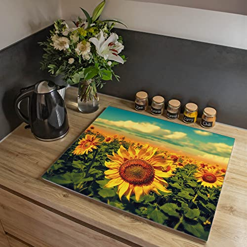 banjado® Herdabdeckplatte Glas 1-teilig 60x52 cm/Schneidebrett Herdabdeckung mit Motiv Sonnenblumen/Herdabdeckplatten Ceranfeld 1teilig / Schneidebrett Glas individuell einsetzbar
