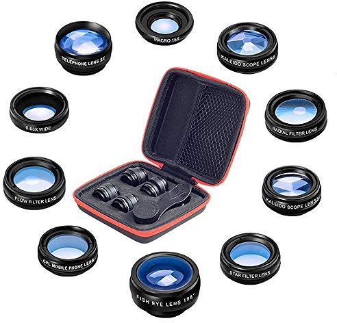 Phorsen 10 in 1 Telefon Handy-Kamera Objektiv-Kit Clip-on Weitwinkel, Makro, Fischaugen, Teleobjektiv, Kaleidoskop, CPL/Flow/Star/Radial-Filter für iPhone Samsung Die meisten Smartphones