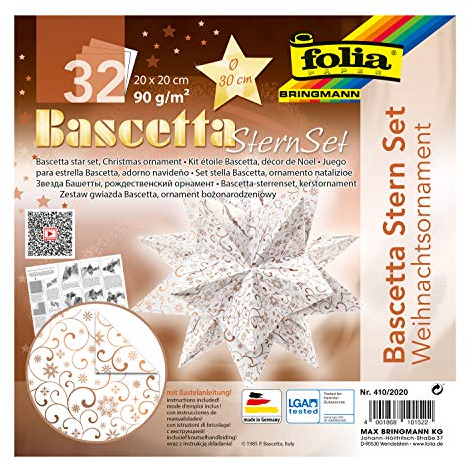 folia 410/2020 - Bastelset Bascetta Stern Weihnachtsornament, weiß/kupfer, 32 Blatt, 20 x 20 cm, fertige Größe des Papiersterns ca. 30 cm, mit ausführlicher Anleitung - ideal zur zeitlosen Dekoration