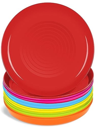 PLASKIDY Kids Plates Set of 12 - Toddler Plastic Dinner Plates - BPA FREE, Microwave & Dishwasher Safe, Brightly Colored 7 Inch
