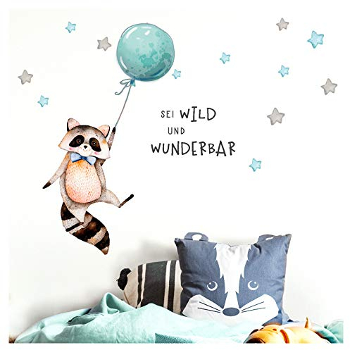 Little Deco Sticker Spruch sei wild & Waschbär I Wandbild L - 189 x 88 cm (BxH) I Luftballon Wandbilder Wandtattoo Kinderzimmer Junge Tiere Deko Babyzimmer Kinder DL324