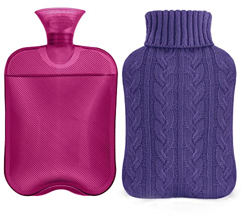 samply 2L Hot Water Bottle with Knitted Cover, Hot Water Bag, Purple