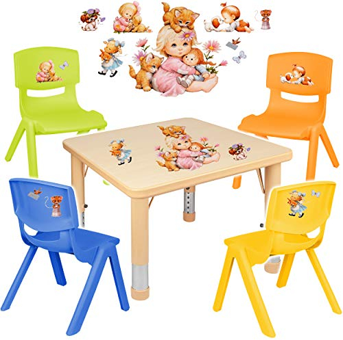 alles-meine.de GmbH Sitzgruppe für Kinder - Tisch + 4 Kinderstühle - Größen & Motiv & Farbwahl - Kinder & Tierbaby/holzfarben - höhenverstellbar - 1 bis 8 Jahre - Plastik - für..