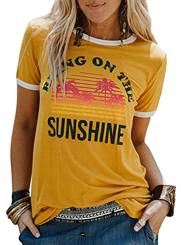 WIEIYM Damen Sommer T-Shirt Kurzarm Rundhals Tee Shirts für Frauen Bring On The Sunshine Tshirt Tops Brief Gedruckt Tee-Shirt(Gelb, M)