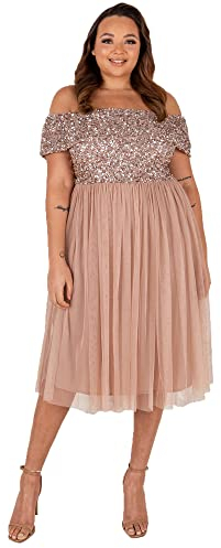 Maya Deluxe Damen Maya Deluxe Bardot Embellished Midi Bridesmaid Dress, Taupe Blush, Gr. 40 EU