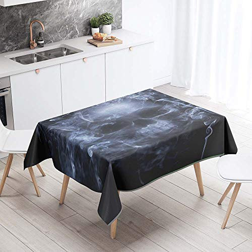 Hearda Tischdecke Abwaschbar Rechteckig, 3D Schwarzer Schädel Polyester Tischdecken Wasserdicht Pflegeleicht Tischtuch für Küche Party Outdoor Garten - Nicht-Wachstuch (Rauchschädel,100x140cm)