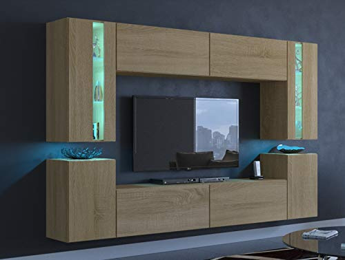 Furnitech Ensemble Meuble TV Mural Suspendu Salon – Meuble Salon Design Moderne avec Colonnes - Vitrines et Rangements – Mobilier sans Eclairage LED (24/M/DZ/5 1A Petit)