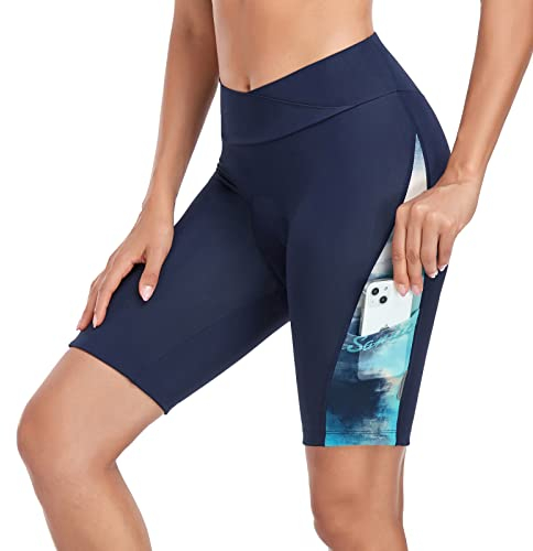 Santic Radlerhose Damen Fahrradhose 4D Gepolstert Kurz Radhose mit Polster Radlershorts High Waist Elastische Seitentasche MTB Shorts Blue S