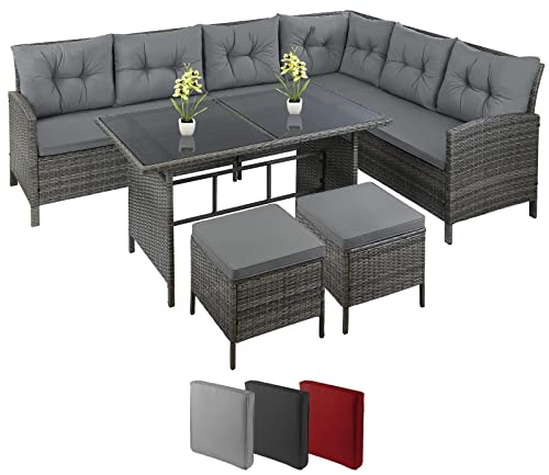 Montafox Poly Rattan Ecklounge 7 Personen Eckbank Tisch 2 Hocker Sitzkissen 5cm Gartengarnitur Grau Sitzgruppe Ecksofa Terrasse Sitzecke Eckgarnitur Garten Wintergarten, Farbe:Kieselstrand