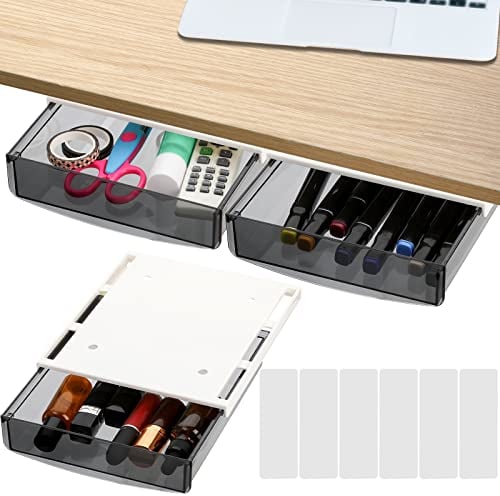 SOUJOY 3 Pack Under Desk Drawer, Self-Adhesive Slide Out Organizer Tray, Plastic Under Table Attachable Hidden Storage Organizer for Office Home School Kitchen Sewing Table