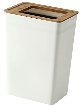 perfk Cubo de Basura con Tapa de Bambú, Papelera Delgada, Contenedor de Basura Antideslizante, Contenedor Rectangular Duradero para Cocina, Baño, Oficina, Grande