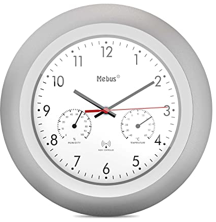 Mebus Funk-Wanduhr mit Thermometer und Hygrometer/silberner Rahmen/weißes Zifferblatt / 29cm Durchmesser/Rund/Modell: 19450 / Farbe: Silber, Weiß