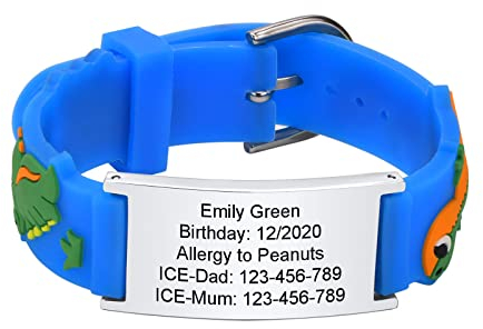 XUANPAI Notfallarmband Kinder SOS Armband : Personalisiert Medizinisches ID Armband Wasserdichtes Weiches Silikonband Angenehm Verstellbare Länge Cartoon Armband Namensarmband für Jungen Mädchen