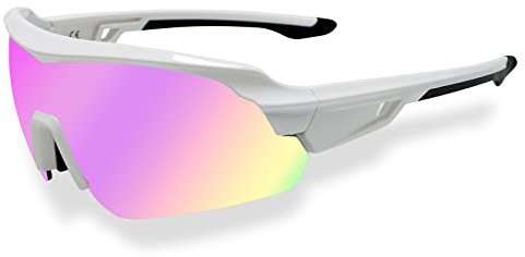 JOGVELO Occhiali da Ciclismo, Occhiali da Sole Polarizzati per Sport con 5 Lenti Intercambiabili Anti-Fog Anti-UV 400 per Ciclismo Motoclclismo, Guida, Pesca,Corsa, Bianco&Rosa
