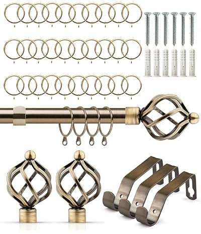 Emma Barclay Extendable Curtain Pole With Finials Rings Brackets & Fittings Sets 16-19mm in Antique Brass Metal Curtain Poles For Eyelet Curtains Rod - Bird Cage Collection 1.6m - 3m Antique Brass