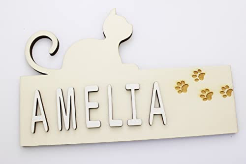 Mia Studio DIY Personalisiertes Namensschild für Kinderzimmer | Personalisiertes Namensschild für Raumdekoration | Türschild | Haustier-Namensschild (Katze/Holz)
