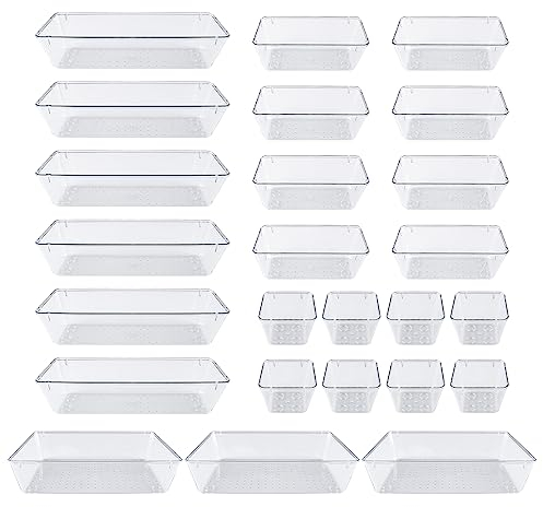 DoDuo 25 Stücke Schubladen Ordnungssystem, Schubladen Organizer Klar Kunststoff mit 4 Größen Schminktisch Organizer Einsetzbar für Makeup Organizer Küchen Bad Büro