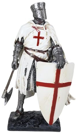 Ebros Gift Cape blanche templière avec cape, chevalier médiéval hache chevalier à la fin du jour de la bataille, figurine de 18,4 cm de haut, costume royal médiéval d'armure chevalier de la croix en
