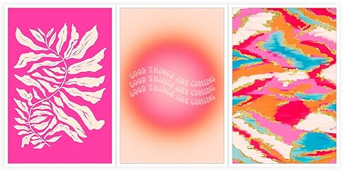 Drimiler Trendige Positive Affirmation Aura Good Things Are Coming Poster Set von 3 rosa botanischen Blumen Leinwand Wandkunst Bunte Abstrakte Drucke Gemälde adrette lebendige Wanddekoration 40,6 x 61