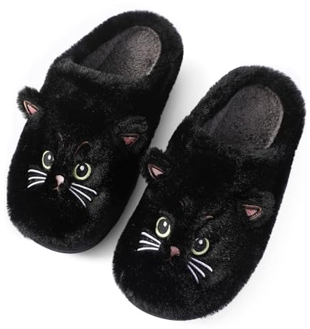 Puimentiua Winter Katze Hausschuhe,Damen Plüsch Hausschuhe,Kuschel Lustig Tiere Schuhe,Cat Slippers (Schwarz,37-38 EU)