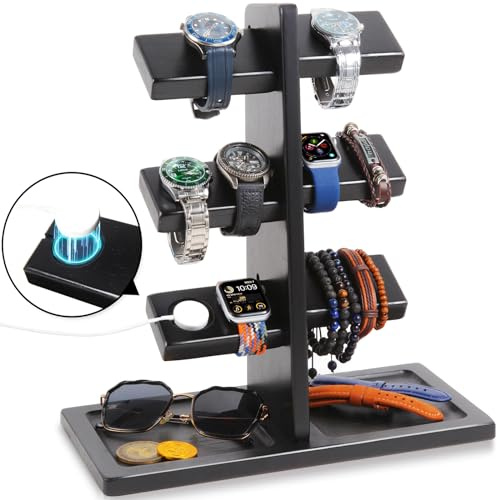 Xnwouco Watch Stand for Men, Watch Display Stand with Charger Groove, Wooden Watch Holder Stand, Jewelry Holder Organizer for Rings, Jewelry, Coins Bracelets, Great Gifts for Men Women, Black