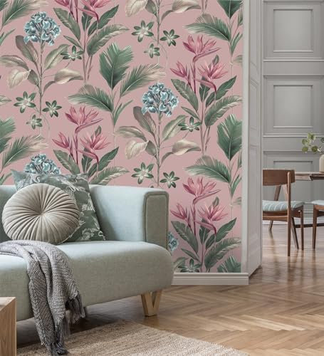 GAULAN 682877 - Carta da parati con fiori del paradiso e foglie in stile tropicale su sfondo rosa pallido per pareti soggiorno camera da letto corridoio - Rotolo di 10 m x 0,53 m