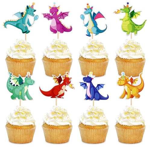 Blumomon 24Pcs Dragon Happy Birthday Cupcake Toppers Glitter Dinosaur Cake Decorations for Baby Shower Kids Birthday Dragon Theme Party Decoration Supplies