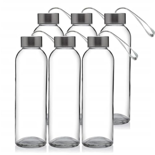 MEETOZ Lot de 6 bouteilles d'eau en verre avec bouchons – 500 ml – Réutilisables – Couvercles étanches – Conteneur pour jus de fruits, sauces, lait, jus, travail, salle de sport