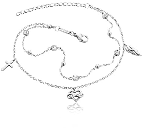 Julie Julsen Anklet CROSS-INFINITY-HEART-WING für Damen aus Edelstahl mit 5 Zirkonia in der Farbe Silber mit JJAC31061S, Länge: 27 cm, JJAC31061S