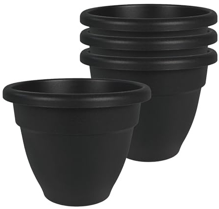 The HC Companies Karibik Pflanztopf - Outdoor & Indoor Pflanztopf mit Drainageloch & Stopfen - Rollrand Kunststofftöpfe für Pflanzen & Blumen - Dekorativer Pflanztopf (20.3 cm Schwarz, 4 Stück)