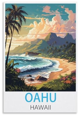 HSAYYIII Oahu Hawaii Vintage-Reiseposter, 40 x 60 cm, Leinwandkunst, Poster und Wandkunst, Bilddruck, Schlafzimmer-Dekor
