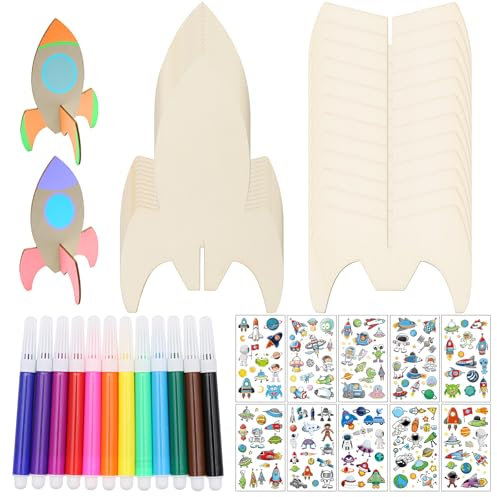 KASURE 12 Stück Raketen Holz Bastelset, Basteln Kindergeburtstag, Weltraum Spielzeug Deko für Jungen, Mädchen, Kindergarten Handwerk DIY(Mit 10 Weltraum-Aufklebern und 12-farbigen Aquarellstiften)
