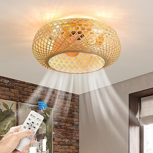 REYDELUZ Caged Ceiling Fan with Light Flush Mount, Boho,19.6 Inch Enclosed Rattan Ceiling Fans with Lights and Remote Control,Low Profile 6 Speeds for Bedroom, Living Room.