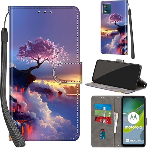 PHINIENLAND Handyhülle für Motorola Moto E13 Klapphülle Leder Wallet Baum | 3 Kartenfächer & 1 Geldfach, Magnetverschluss, Ständerfunktion, robuste premium PU leder klapphülle für Moto E13
