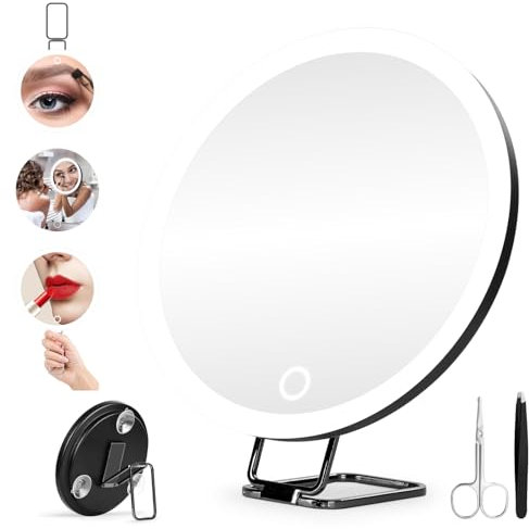 Vergrößerungsspiegel 5X mit Licht Groß 15cm 3 Farben Dimmen Beleuchteter Vergrößerungsspiegel Wiederaufladbar Reise Vergrößerungsspiegel 5x hohe Vergrößerung Makeup Spiegel mit Pinzette & Schere