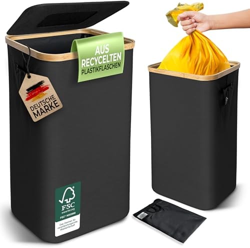 Glückstoff® Gelber Sack Ständer [inkl. waschbarer Innentasche] Müllsackständer für Gelber Sack | Mülleimer mit Deckel | Mülleimer Küche | Gelber Sack Behälter | Müllsystem 100L - Schwarz