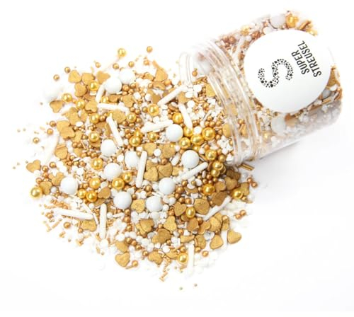 SuperStreusel MitJeföhl Streusel Weiß Gold mit Herzchen | Herz Streusel Gold Tortendeko Hochzeit Zuckerstreusel Gold Perlen essbar | Essbare Tortendeko Kuchen Deko Gold Weiß