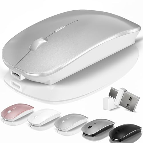 Bluetooth Wireless Mouse for MacBook Air Mac Pro Laptop PC Pad Optical Rechargeable Silent Mouse with Jiggler Mode Dual Mode Switch Mouse Bluetooth 5.2/3.0 and 2.4G USB-A & USB-C Receiver Silvery