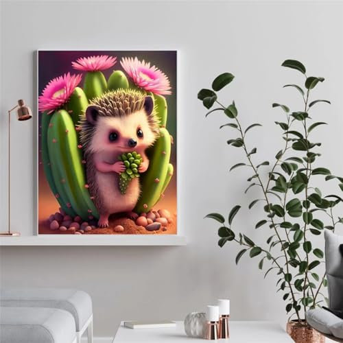 Zuooyi 5D Diamond Painting Erwachsene Kaktus Blume, DIY Diamant Painting Bilder Igel, Embroidery Pictures Arts Crafts for Beginner Set for Wall Decoration Round Drill,50x80cm