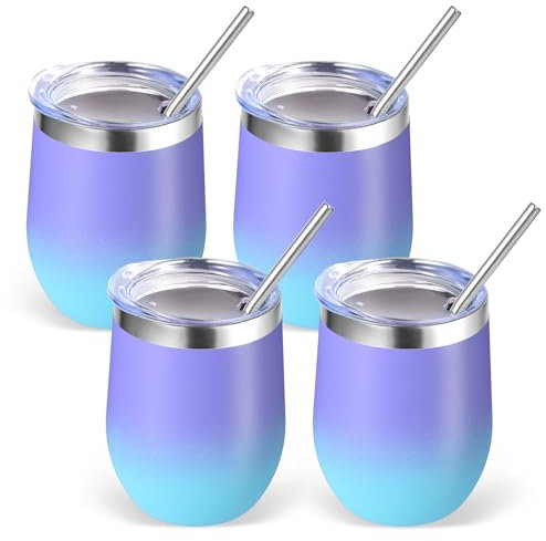 Volhoply 12oz Edelstahl Wein Becher mit Deckel Bulk 4 Pack,350ml Doppelwandige Vakuum Stemless Weingläser,Metall Reise Kaffee Becher mit Strohhalm,Isolierte Tasse Geschenke(Lila Bule,4 Set)