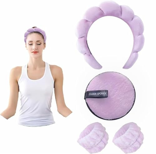 (Set di 4) Fascia da donna per la Spa, cuscino di lavaggio e 2 braccialetti assorbenti per la gestione della pelle ((Velluto) Viola scuro)